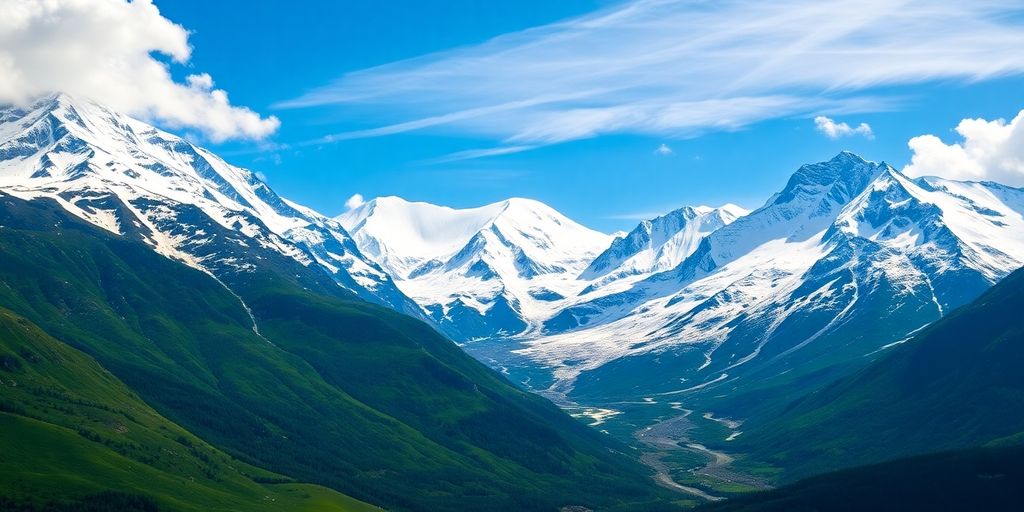 Snowy mountains in Alaska under a clear summer sky.