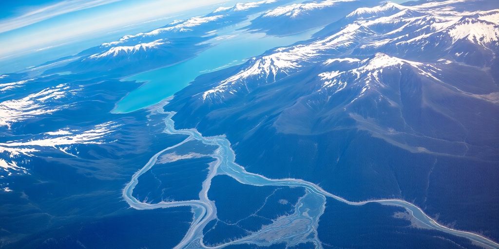 Aerial view of Alaska's mountains, forests, and rivers.