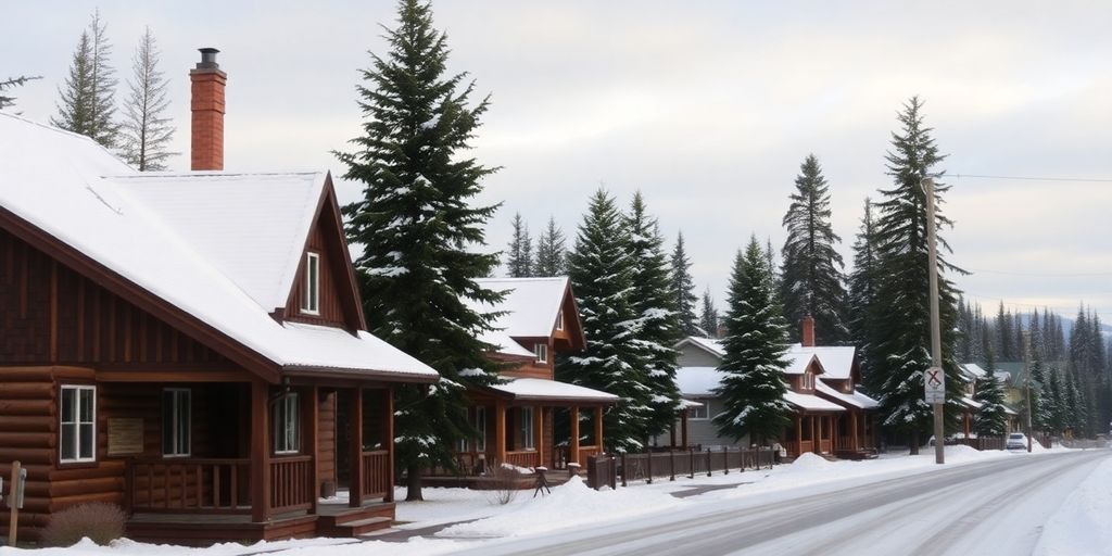 Snowy Alaskan street with charming homes and pine trees.