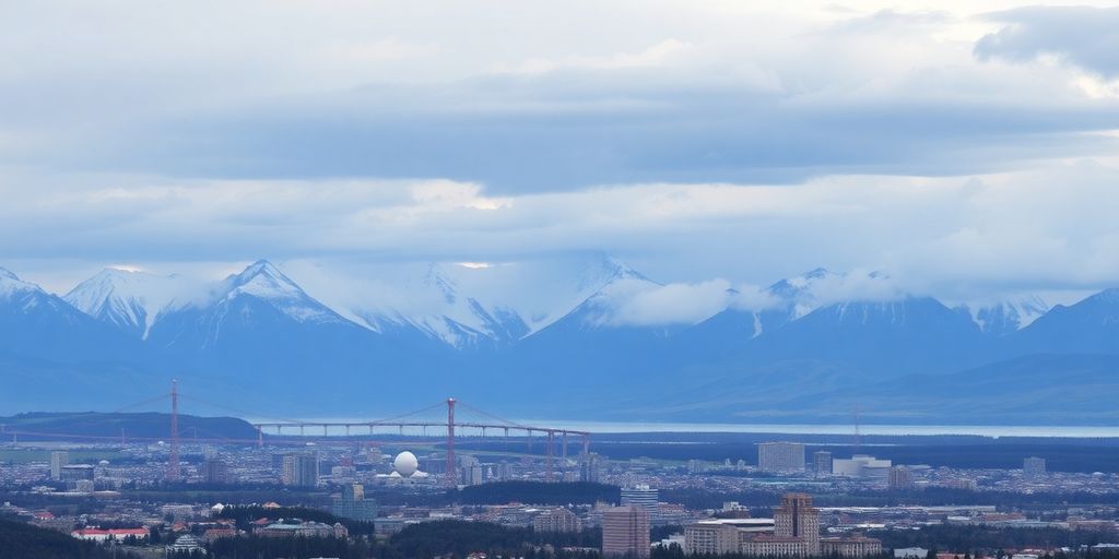 Scenic Anchorage landscape with mountains and changing weather.