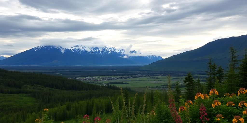 Scenic view of Palmer, Alaska with mountains and greenery.