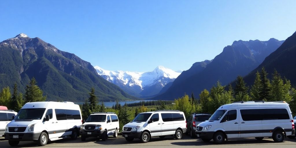 Rental vehicles in scenic Anchorage, Alaska landscape.