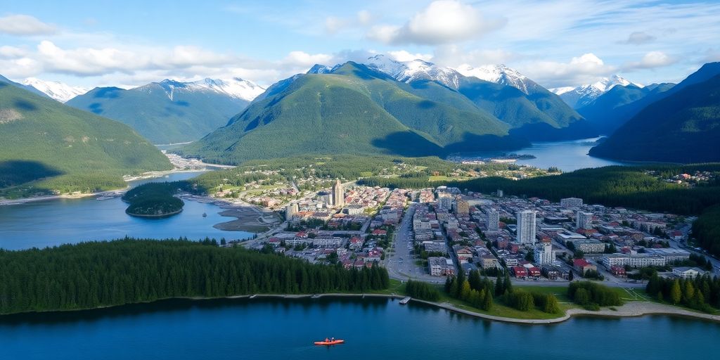 Aerial view of Juneau, Alaska with mountains and water.