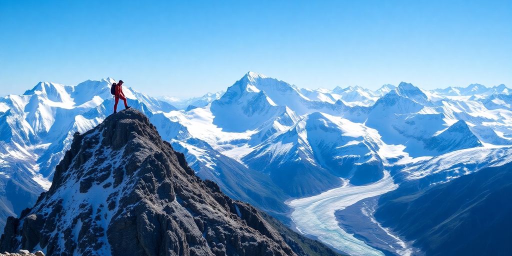 Climber on snow-capped peak in Alaska's wilderness.