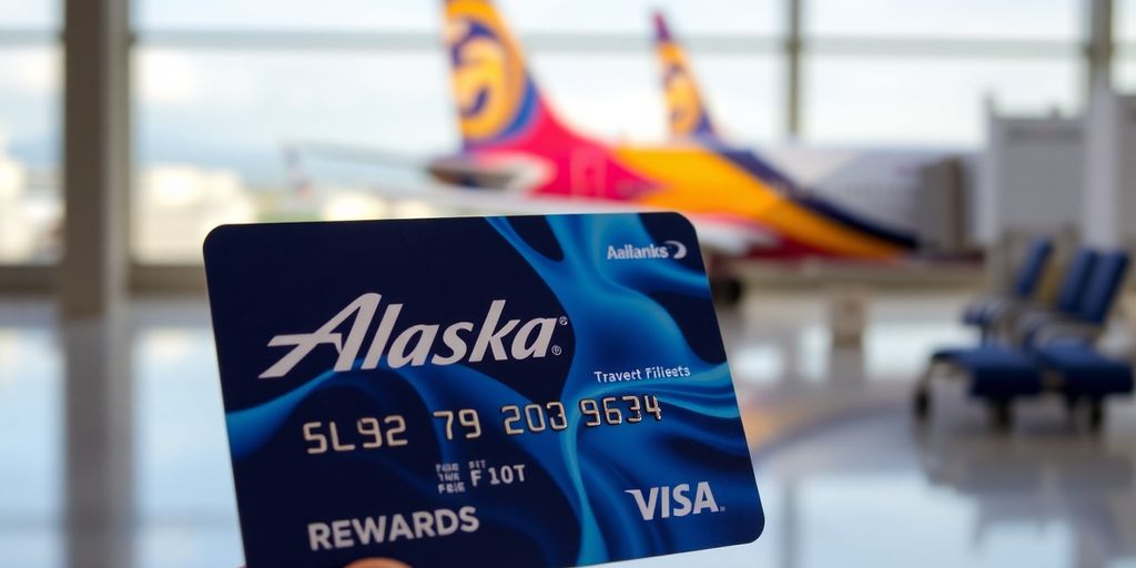 Alaska Airlines credit card with airplane in background.