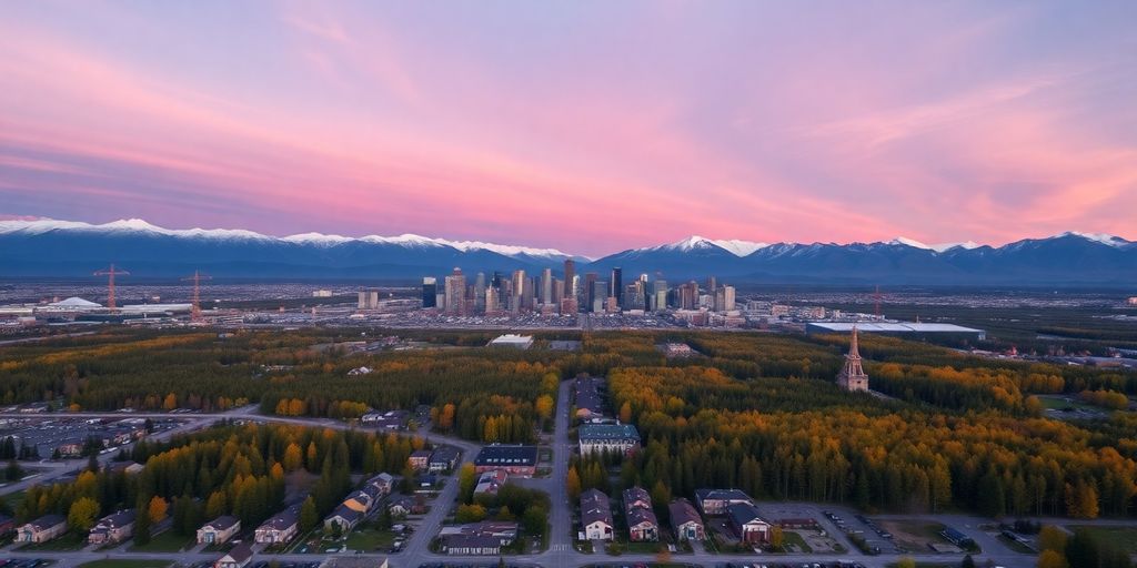 Aerial view of Anchorage city with mountains in background.