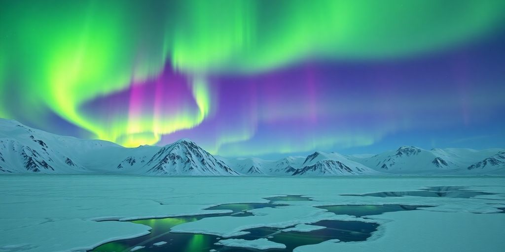 Vibrant Northern Lights over snowy mountains in Alaska.