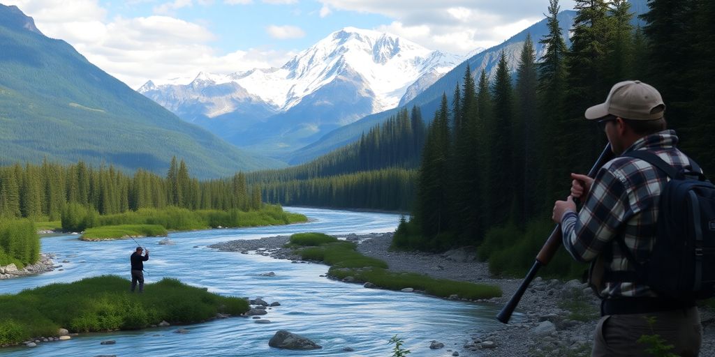 Angler fishing in Alaska's stunning wilderness landscape.