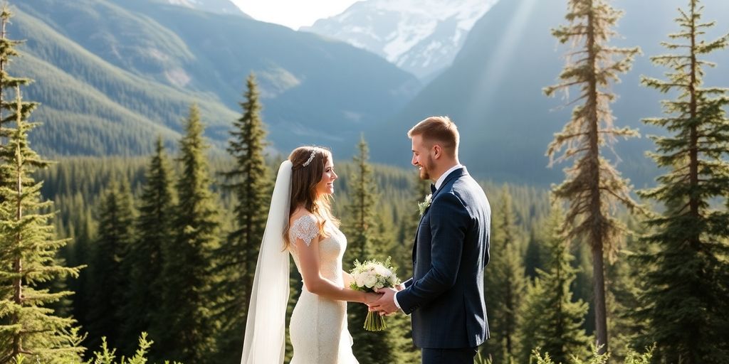 Couple eloping in Alaska's beautiful wilderness landscape.