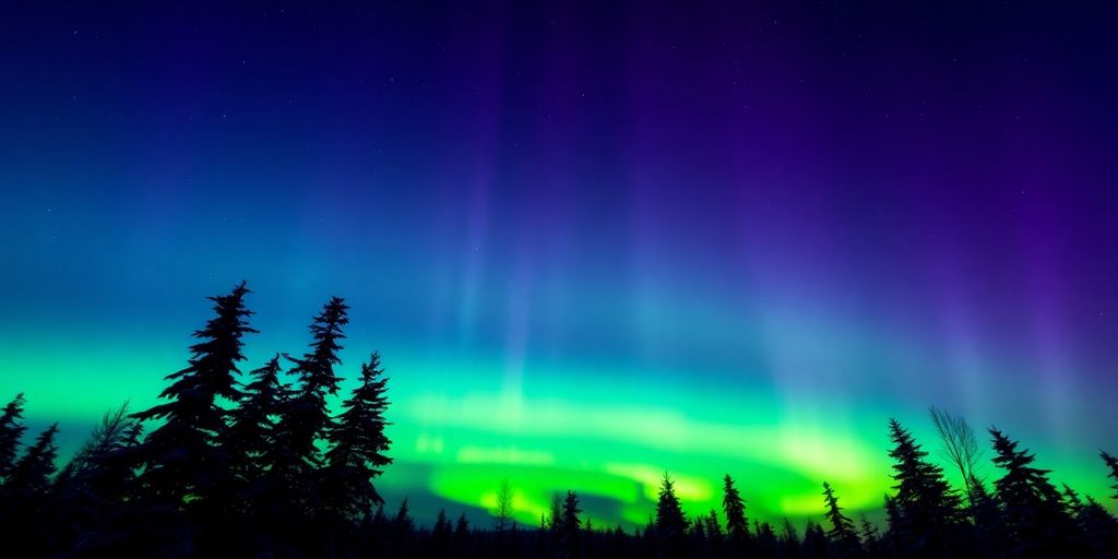 Colorful aurora lights over a snowy Alaskan landscape.