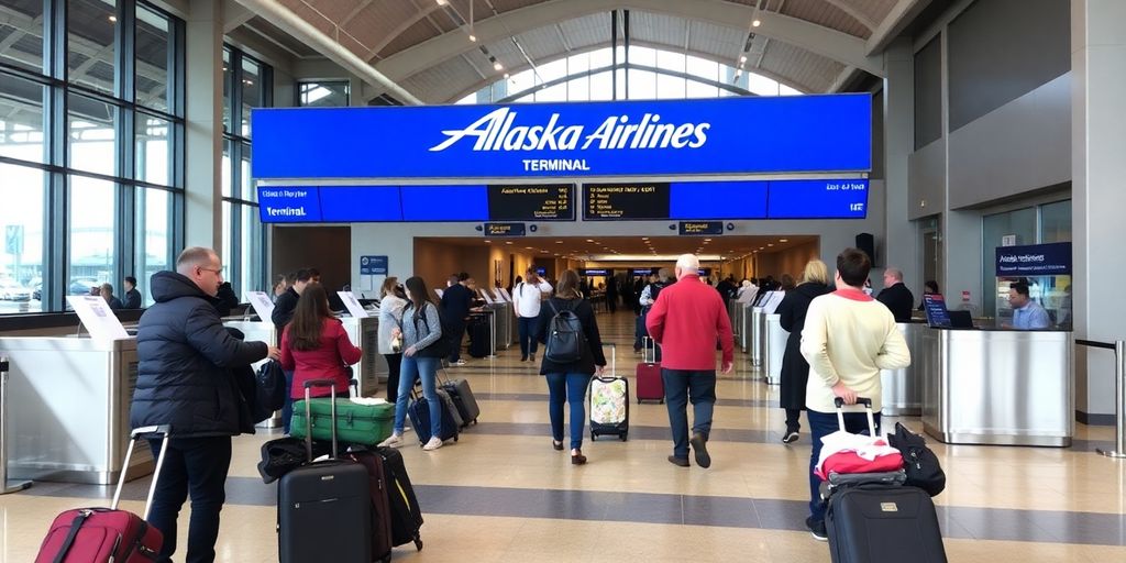 Travelers at Alaska Airlines Terminal in LAX airport.