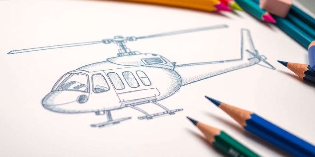 Helicopter drawing steps with art supplies on a table.