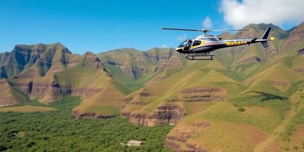 Helicopter flying over Kauai's green landscape and cliffs.