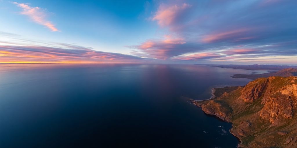 Sunset view of Bering Strait between Alaska and Russia.
