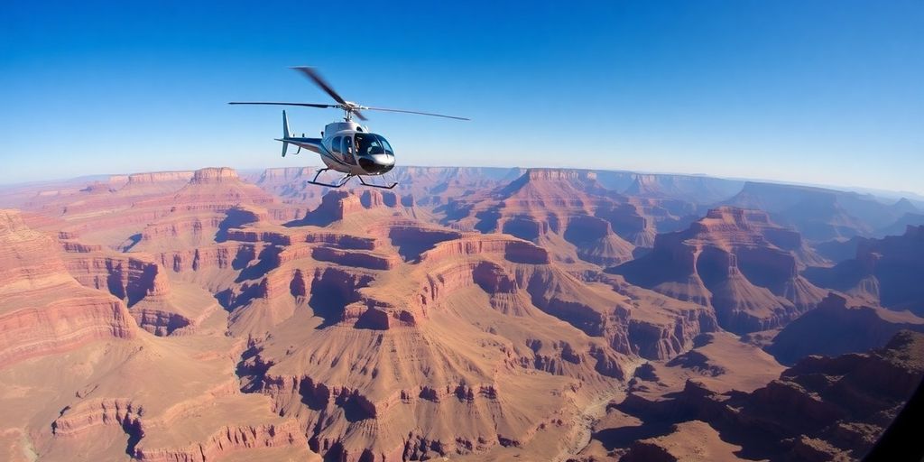 Helicopter flying over the stunning Grand Canyon landscape.