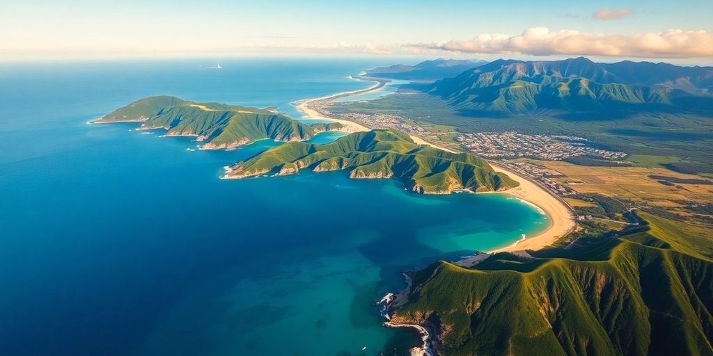 Aerial view of Hawaii's islands and beaches.