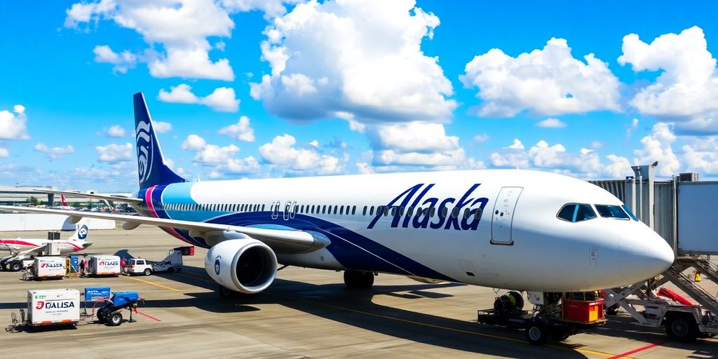 Alaska Airlines airplane ready for takeoff at airport.