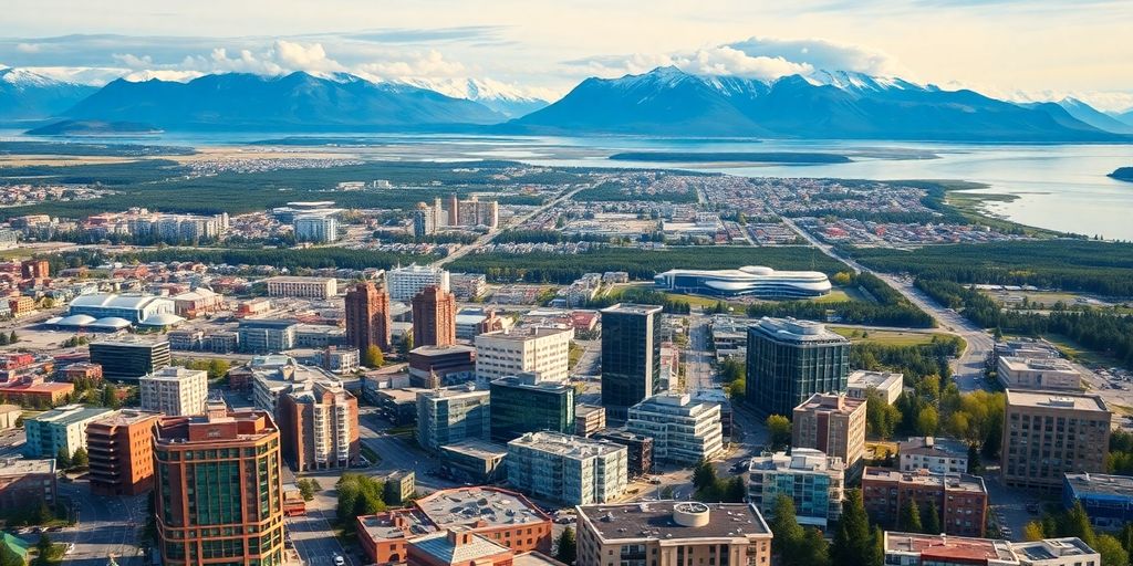 Aerial view of Alaska cities with natural landscapes.