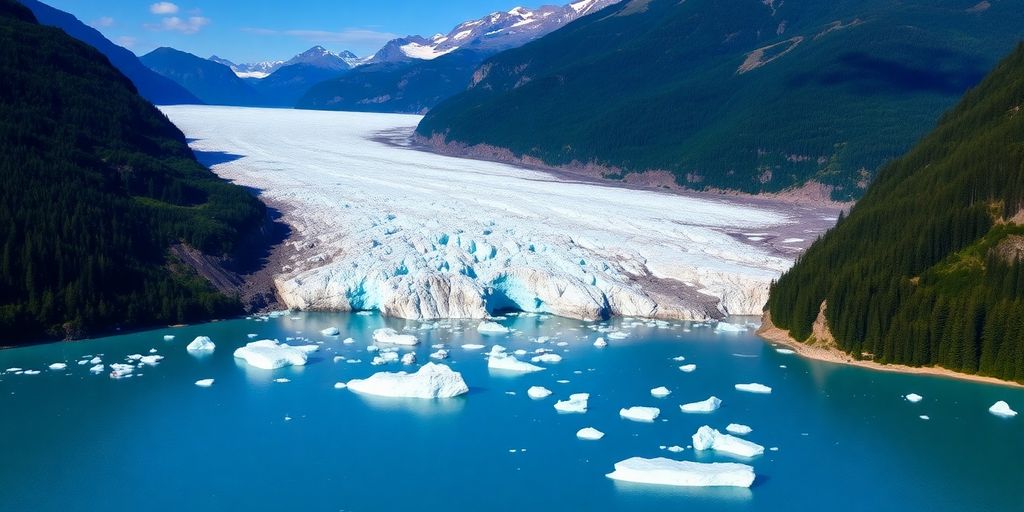 Mendenhall Glacier with blue icebergs and green forests.