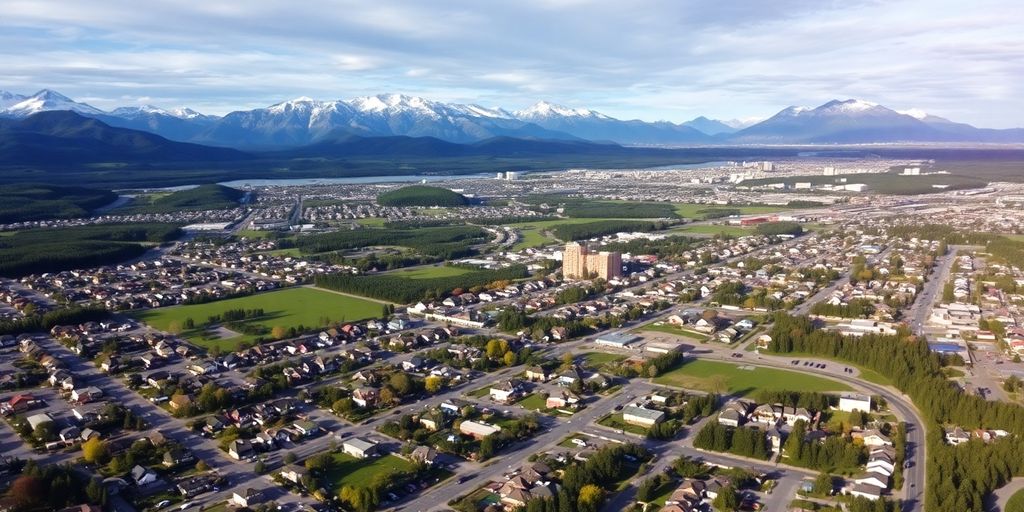 Aerial view of Anchorage neighborhoods and natural landscapes.