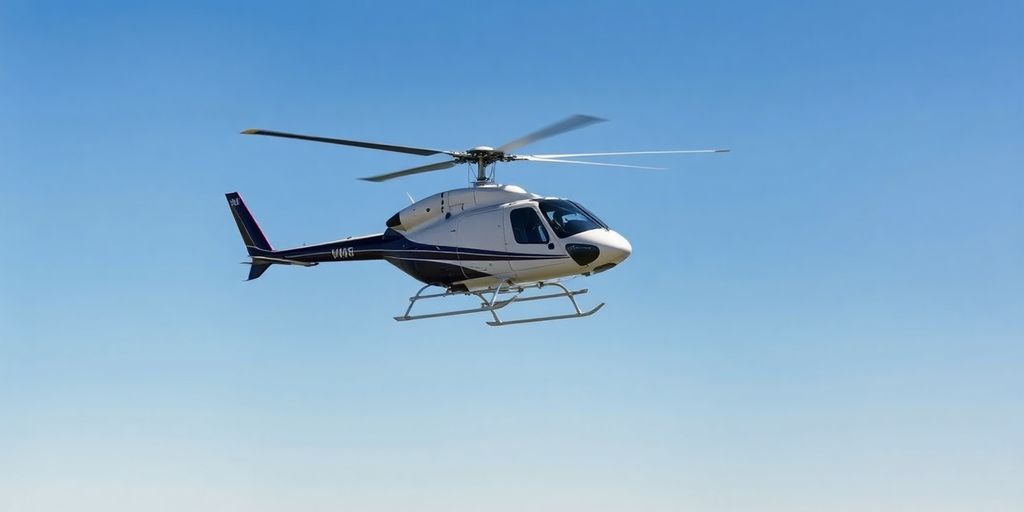 Helicopter flying above a scenic landscape.