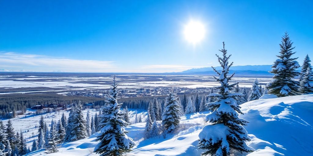 Winter landscape of Fairbanks, Alaska under blue sky.