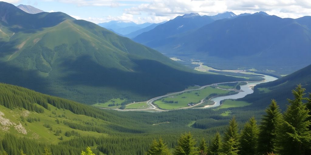 Stunning landscape of Girdwood, Alaska with mountains and river.