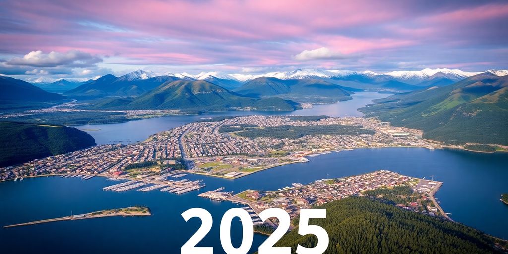 Aerial view of Juneau, Alaska with mountains and water.