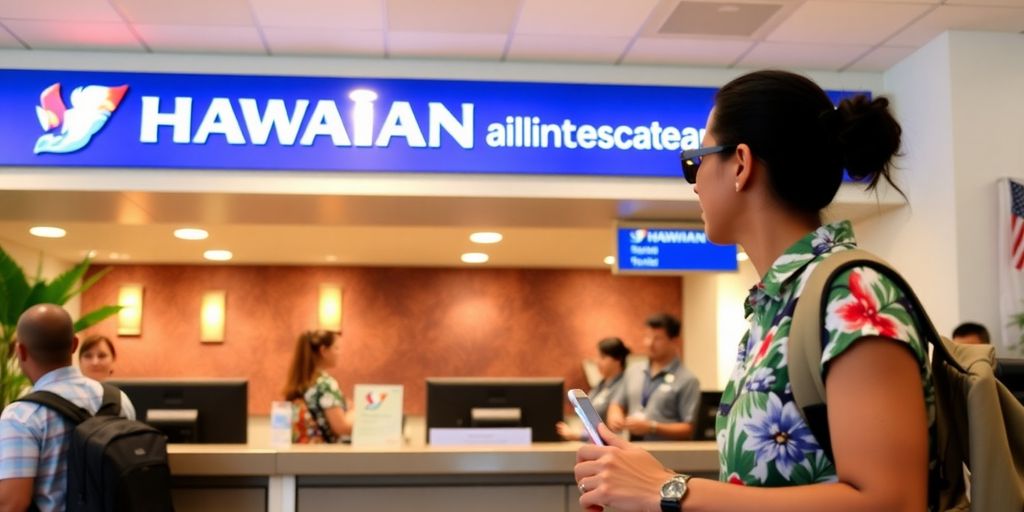 Traveler at Hawaiian Airlines check-in counter with tropical decor.