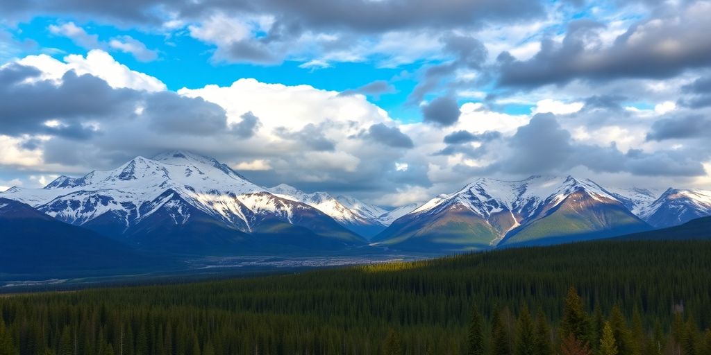 Dramatic weather in Alaska with mountains and forests.