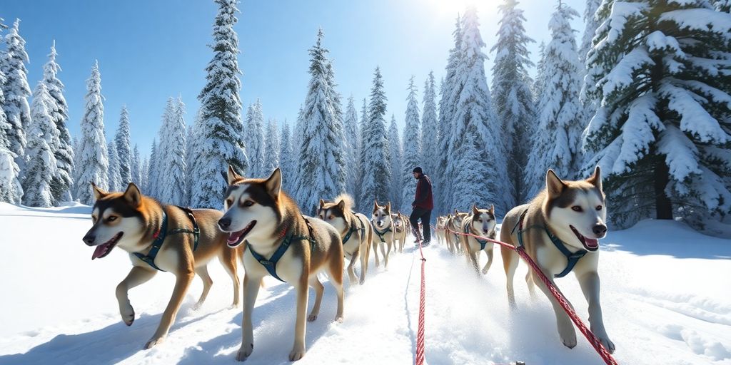 Dog sled team running snowy Alaskan trail.