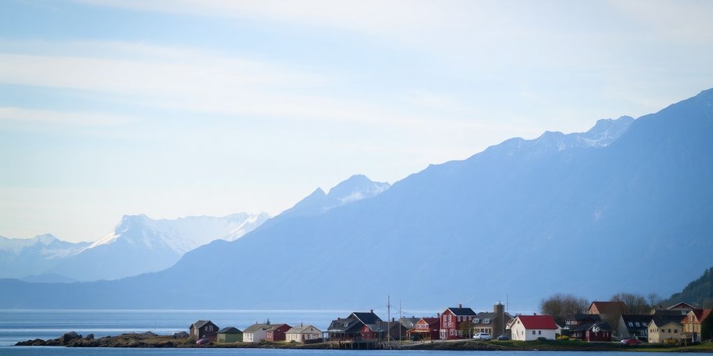 Coastal Alaskan town with mountains, water, and small buildings.