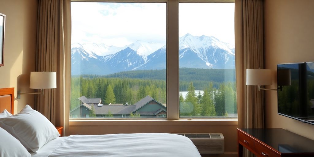 Cozy hotel room with Alaskan wilderness view.