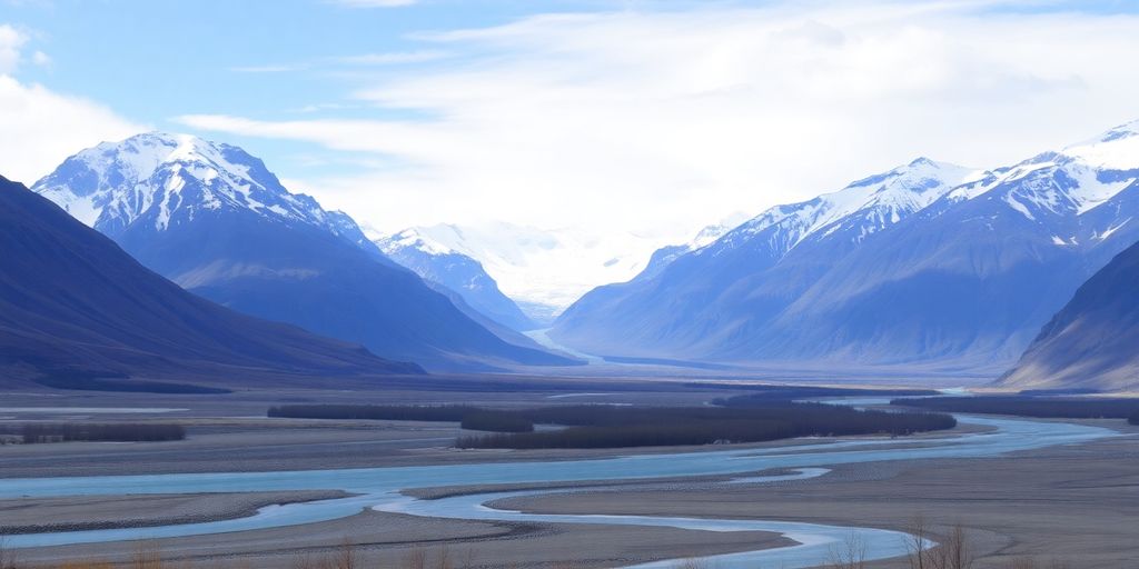 Braided Knik River, glacial mountains, Alaskan wilderness.