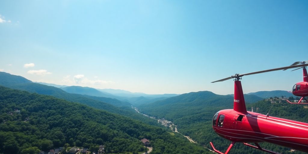 Helicopter flies over Gatlinburg mountains and forests.