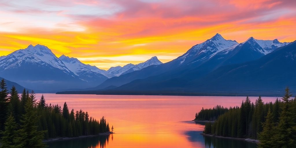 Alaskan landscape with mountains and a vibrant sky.