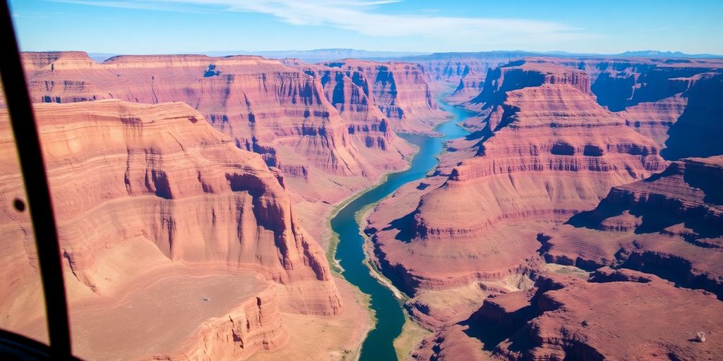 Helicopter flying over the majestic Grand Canyon landscape.