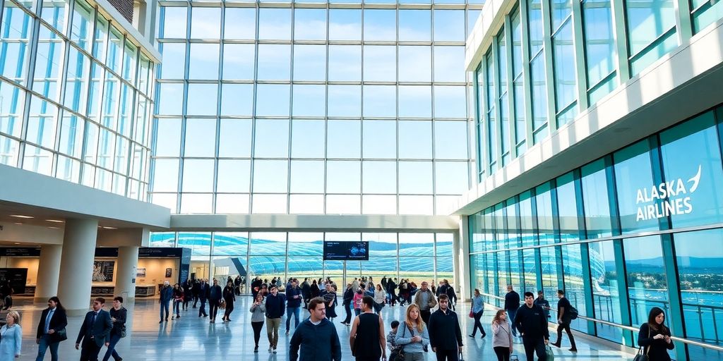 Modern SFO terminal with Alaska Airlines branding and travelers.