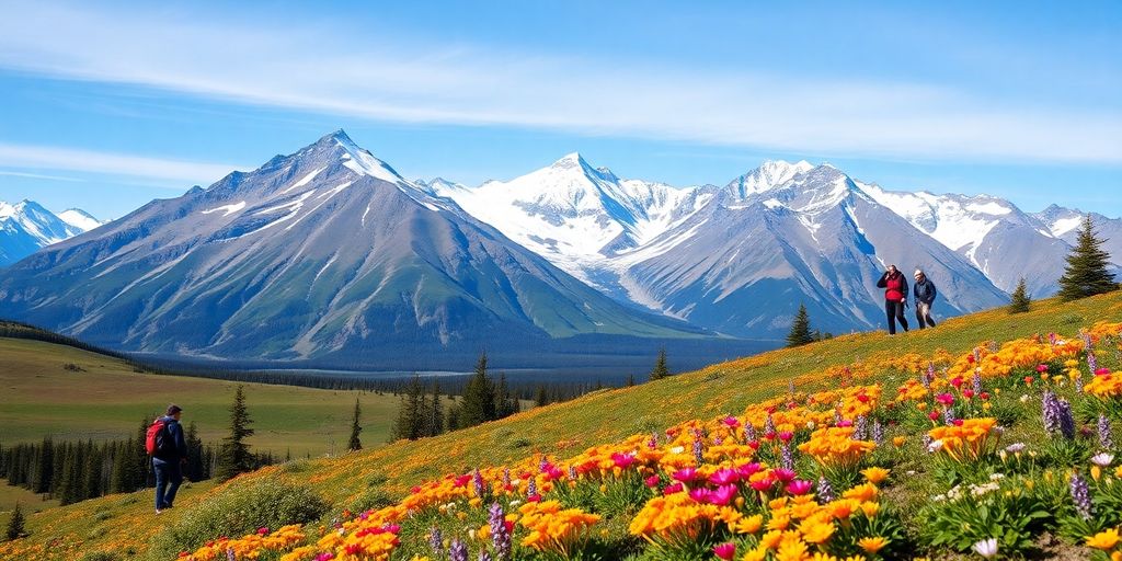 Scenic view of Anchorage with mountains and wildflowers.