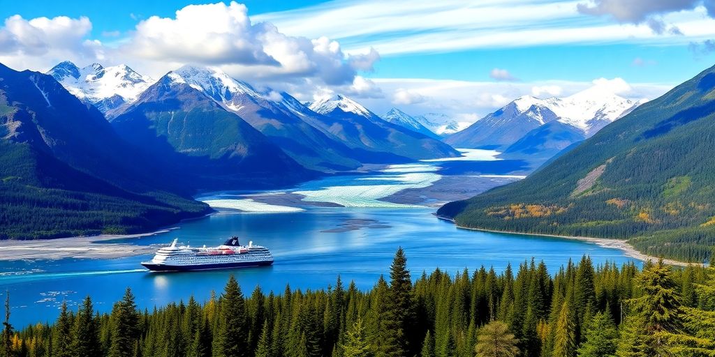 Alaska mountains, forests, and a cruise ship in water.