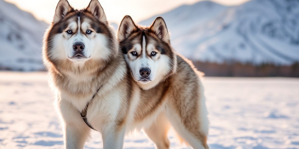 Alaskan Malamute standing in a snowy mountain landscape.
