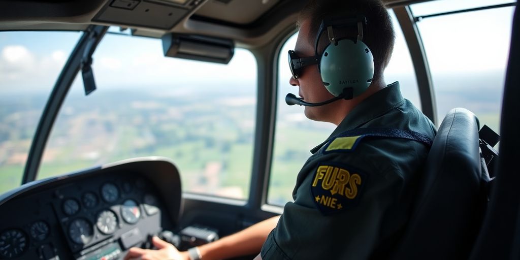 Pilot in helicopter cockpit with landscape view outside.