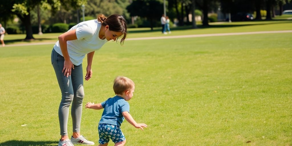 Parent watching child closely in a park setting.