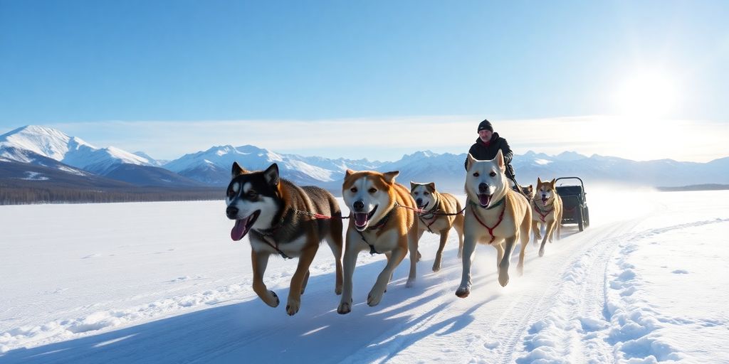 A dog mushing team racing through snowy Alaska.