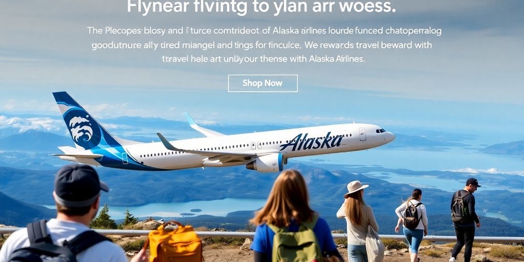 Alaska Airlines plane in a beautiful travel destination.