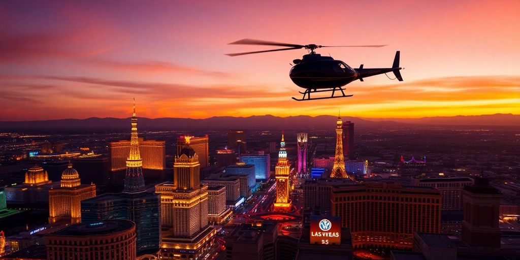Helicopter flying over Las Vegas skyline at sunset.