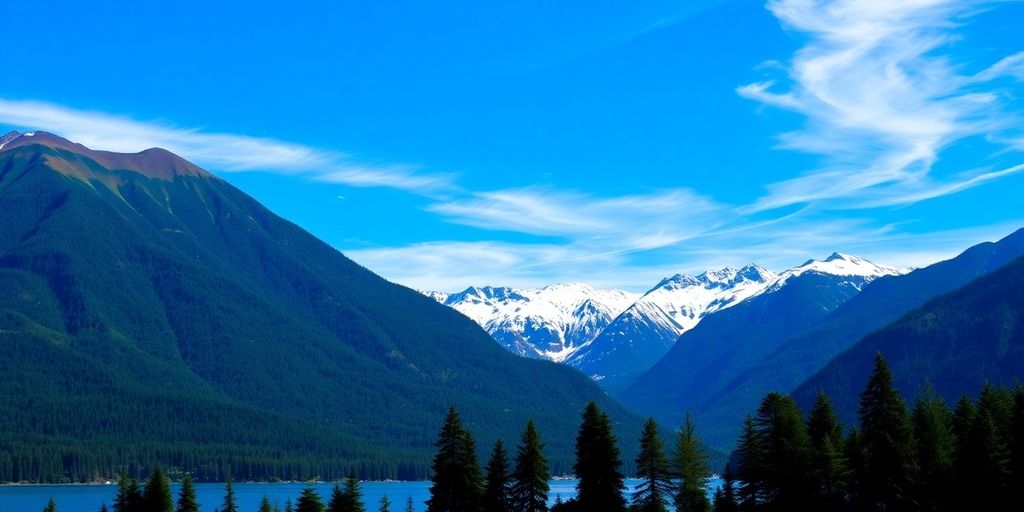 Lush mountains and calm bay in Juneau, Alaska.