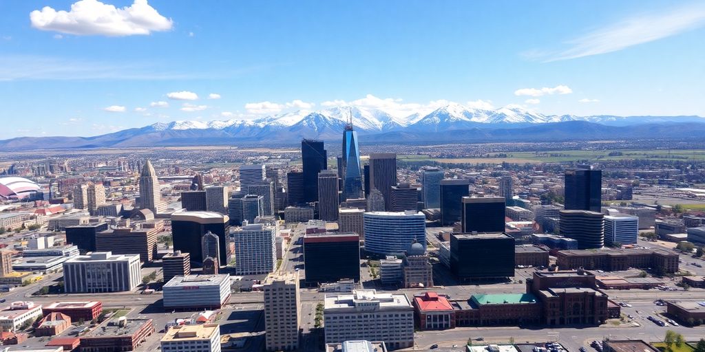 Aerial view of Denver skyline and Rocky Mountains.
