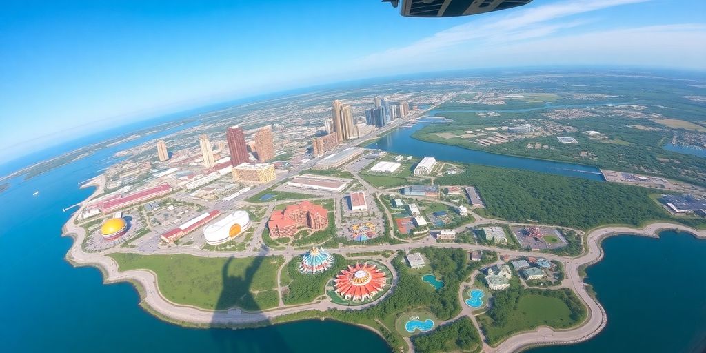 Aerial view of Orlando skyline and theme parks from helicopter.