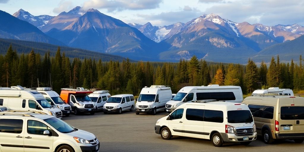 Diverse rental vehicles in Anchorage, Alaska's beautiful landscape.